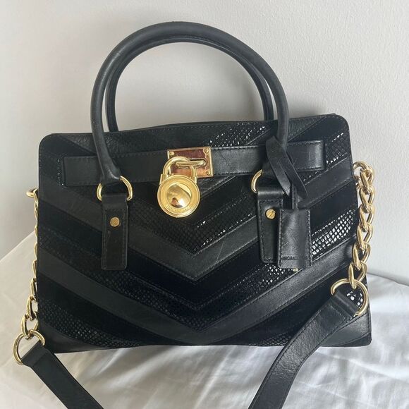 MICHAEL KORS Chevron Stripe Snakeskin Hamilton Satchel Tote Jet Set Raven Fulton - Picture 2 of 11